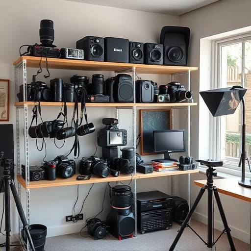A variety of professional photography and videography equipment neatly arranged on shelves.